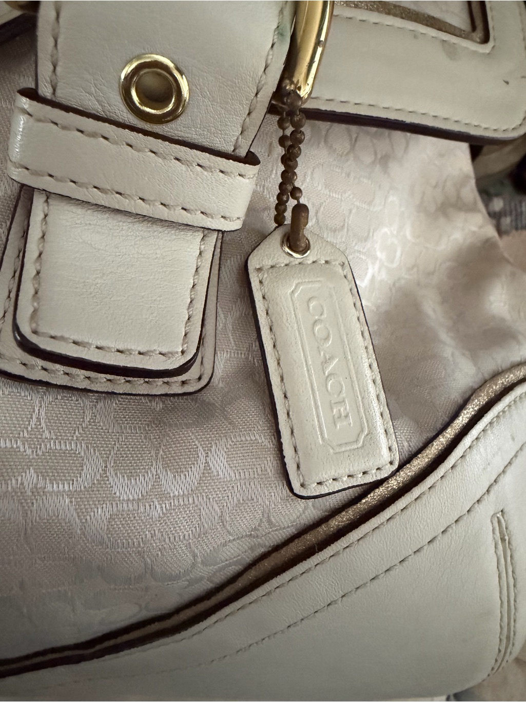 Coach White & Cream Signature Shoulder Bag With Leather Trim